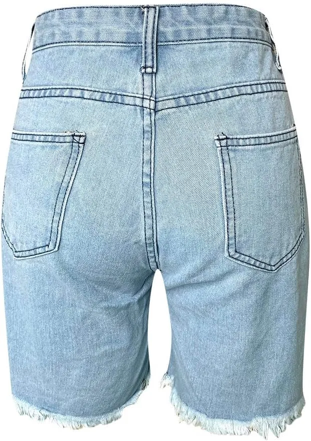 Women Ripped Holes Jeans Denim Pencil Shorts Pants Female High Waist Distressed Short Ladies Stretch Slim