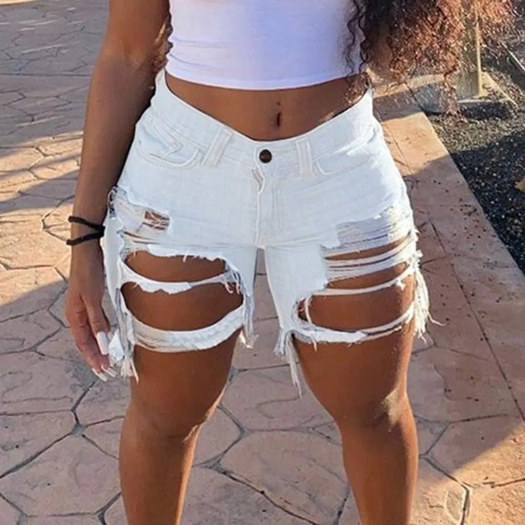 Women Ripped Holes Jeans Denim Pencil Shorts Pants Female High Waist Distressed Short Ladies Stretch Slim