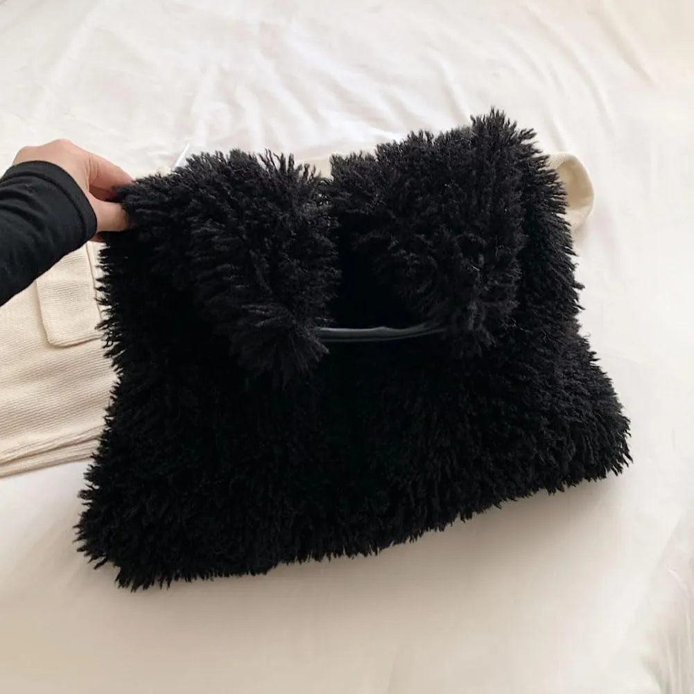 Women Soft Plush Shoulder Bag Fluffy Autumn Winter Handbag Closure Slouchy Hobo Bag Underarm Bag Shopping Trvavel B