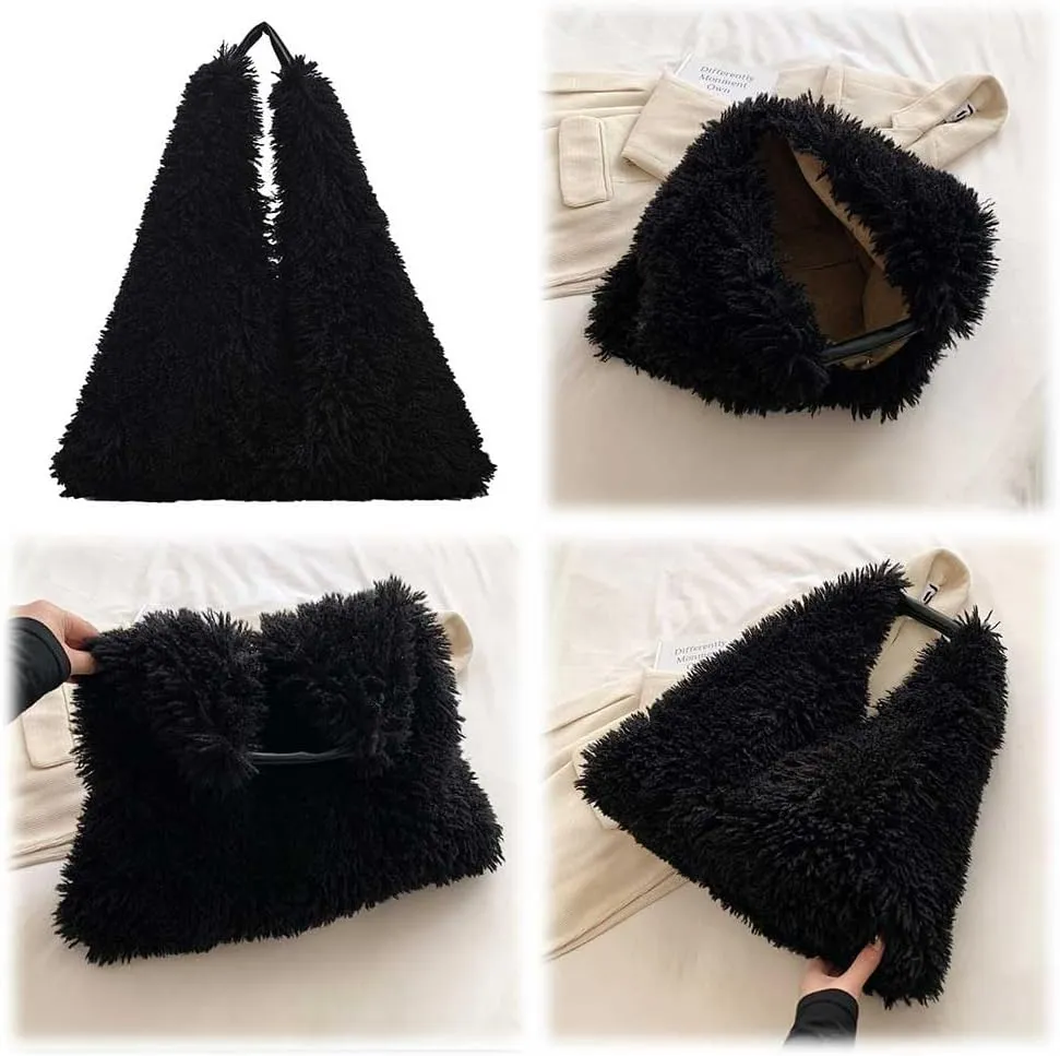 Women Soft Plush Shoulder Bag Fluffy Autumn Winter Handbag Closure Slouchy Hobo Bag Underarm Bag Shopping Trvavel B