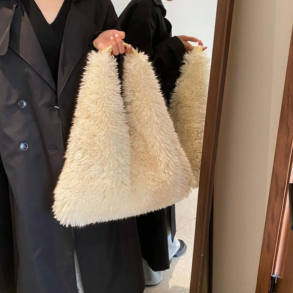 Women Soft Plush Shoulder Bag Fluffy Autumn Winter Handbag Closure Slouchy Hobo Bag Underarm Bag Shopping Trvavel B