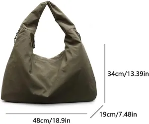 Women Solid Color Draped Tote Bag Large Capacity Slouchy Hobo Bag Minimalist Versatile Shoulder Bags Nylon Hobo Bags