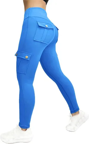 Women Stretch Tight Yoga Pants Elastic High Waisted Multi-Pocket Cargo Trouser Gym Workout Athletic Casual Sweatpants