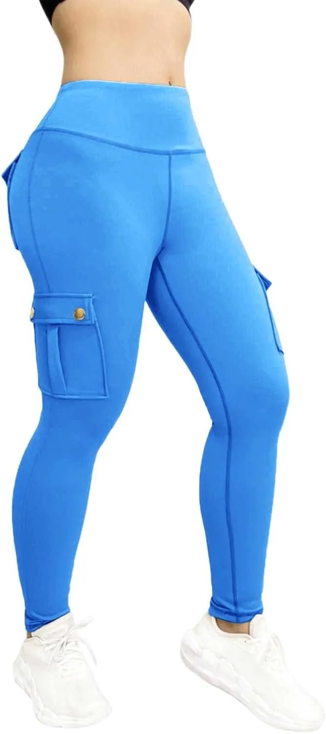 Women Stretch Tight Yoga Pants Elastic High Waisted Multi-Pocket Cargo Trouser Gym Workout Athletic Casual Sweatpants