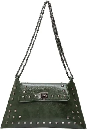 Women Studded Dector Rivet Tote Handbag, Large Capacity Leather Retro Chain Shoulder Purse, Goth Punk Hobo Underarm Satchel