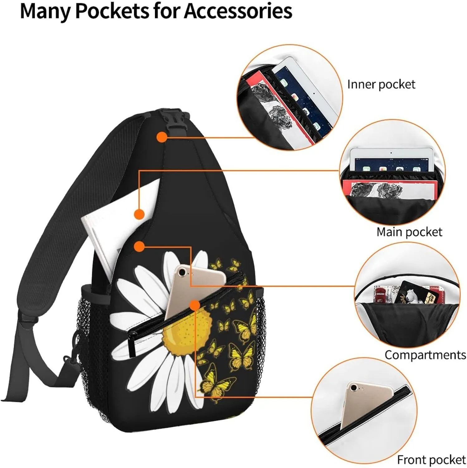 Women Sunflower Daisy Butterfly Crossbody Sling Backpack for Men Chest Bag Shoulder Bag Lightweight One Strap Backpack Travel Outdoor Daypack