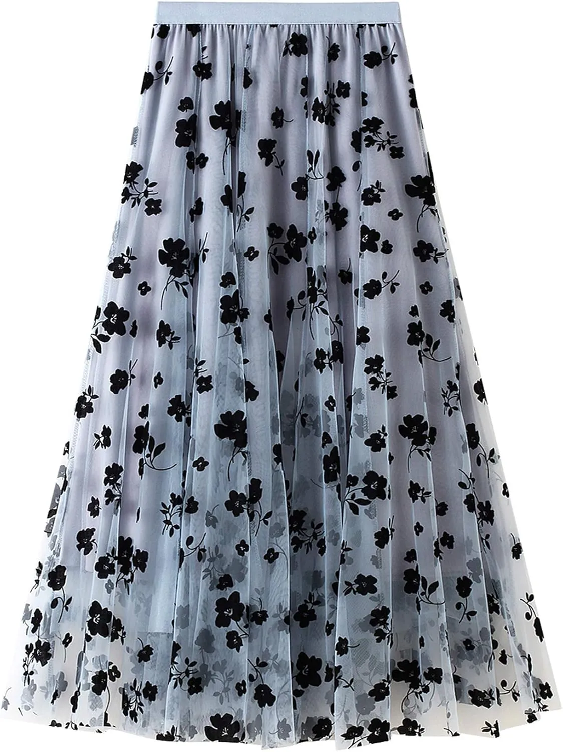 Women Tutu Tulle Skirt Elastic High Waist Layered Skirt Floral Print Mesh A-Line Midi Skirt