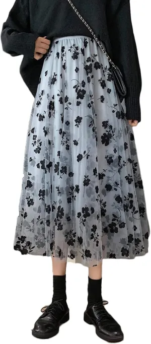 Women Tutu Tulle Skirt Elastic High Waist Layered Skirt Floral Print Mesh A-Line Midi Skirt