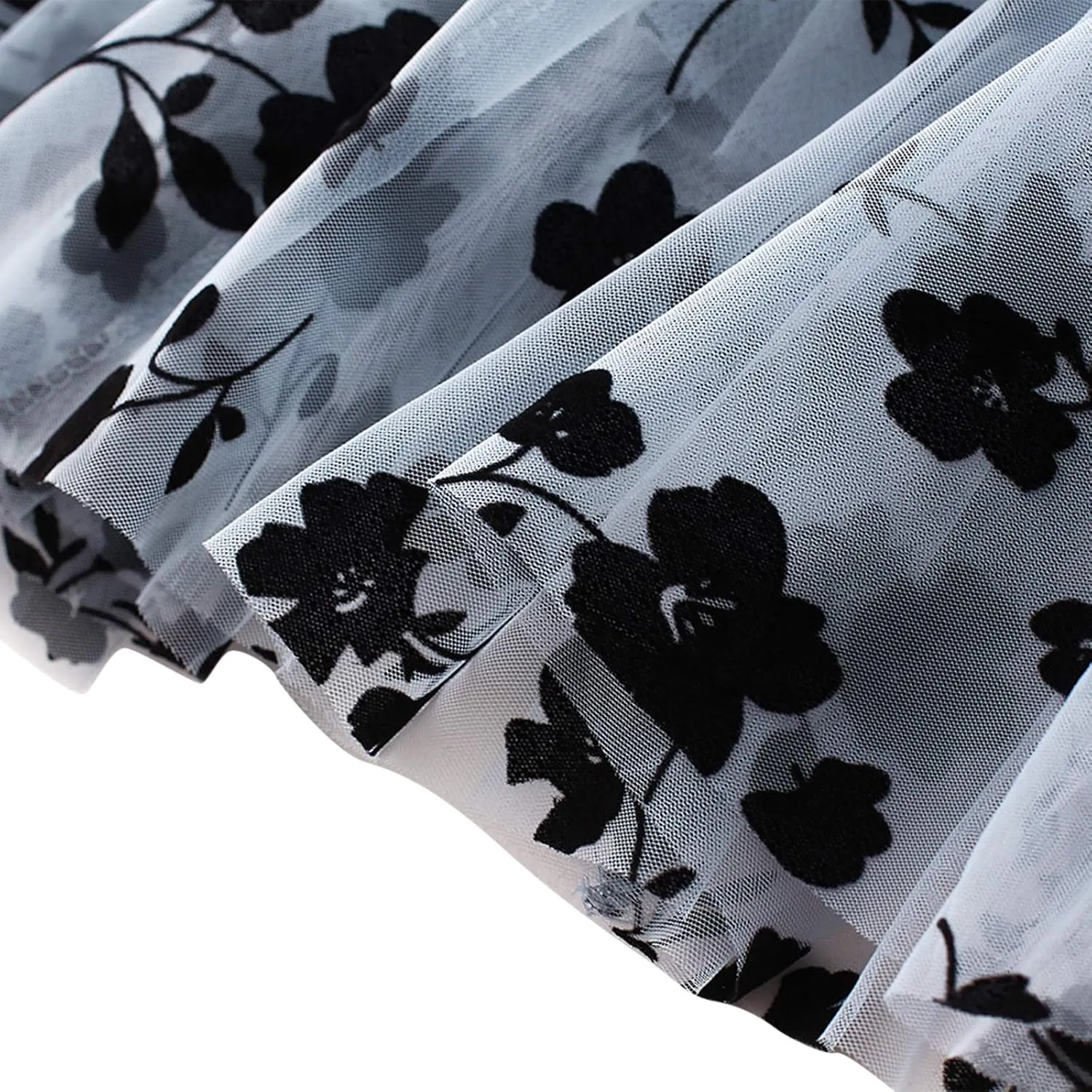 Women Tutu Tulle Skirt Elastic High Waist Layered Skirt Floral Print Mesh A-Line Midi Skirt