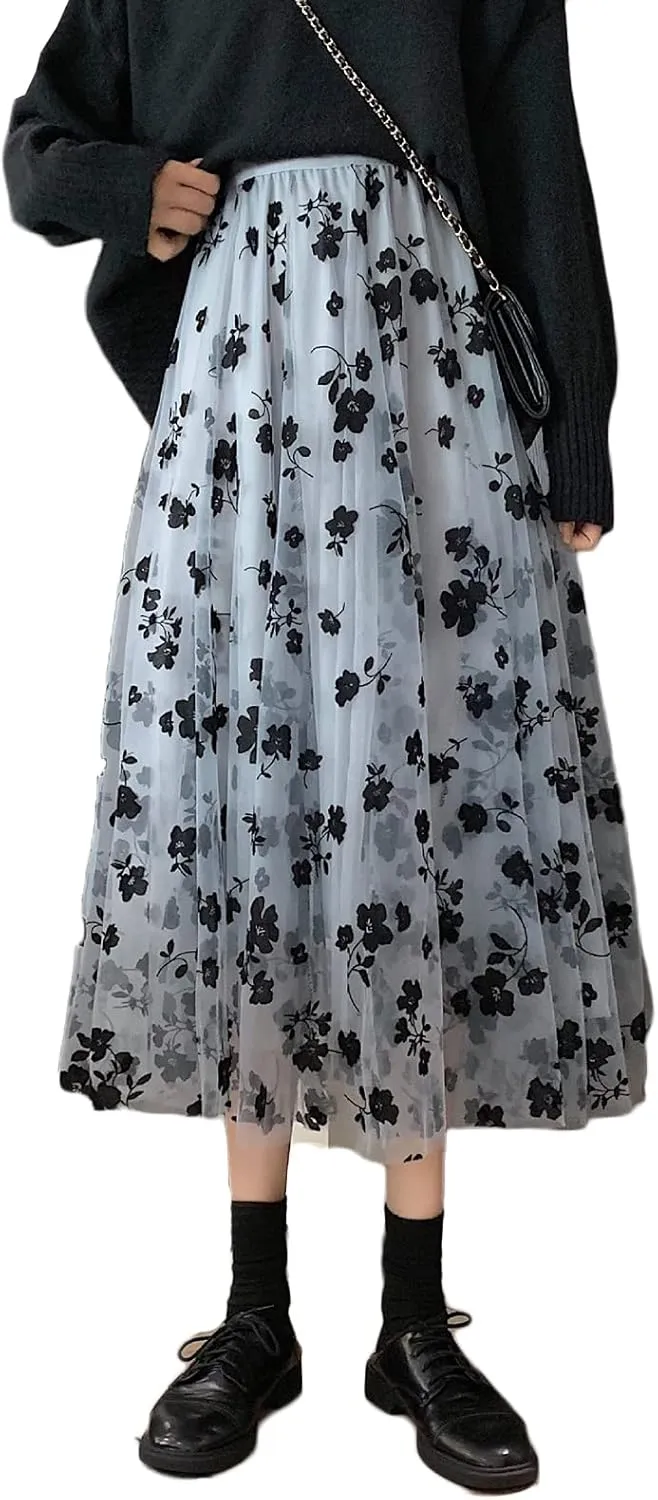 Women Tutu Tulle Skirt Elastic High Waist Layered Skirt Floral Print Mesh A-Line Midi Skirt