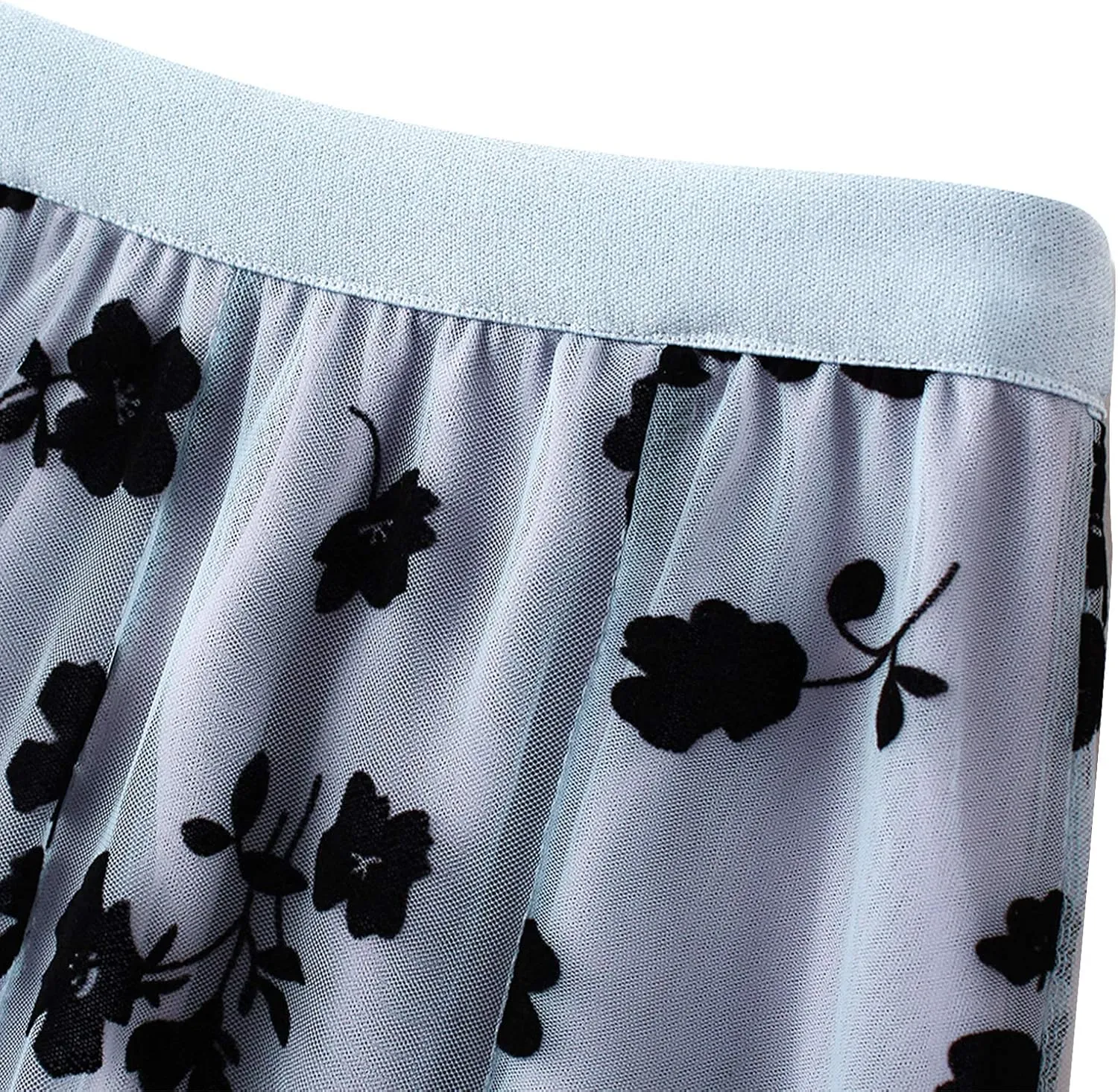 Women Tutu Tulle Skirt Elastic High Waist Layered Skirt Floral Print Mesh A-Line Midi Skirt