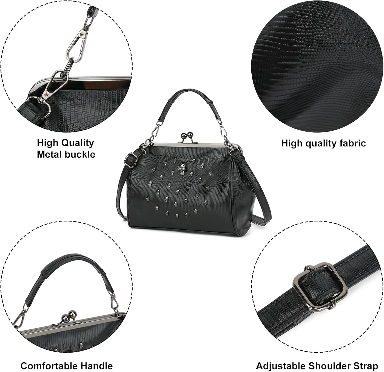 Women Vintage Hollow Handbag Oil Leather Kiss Lock Rivet Skull Shoulder Crossbody Bag Evening Clutch Satchel Purse