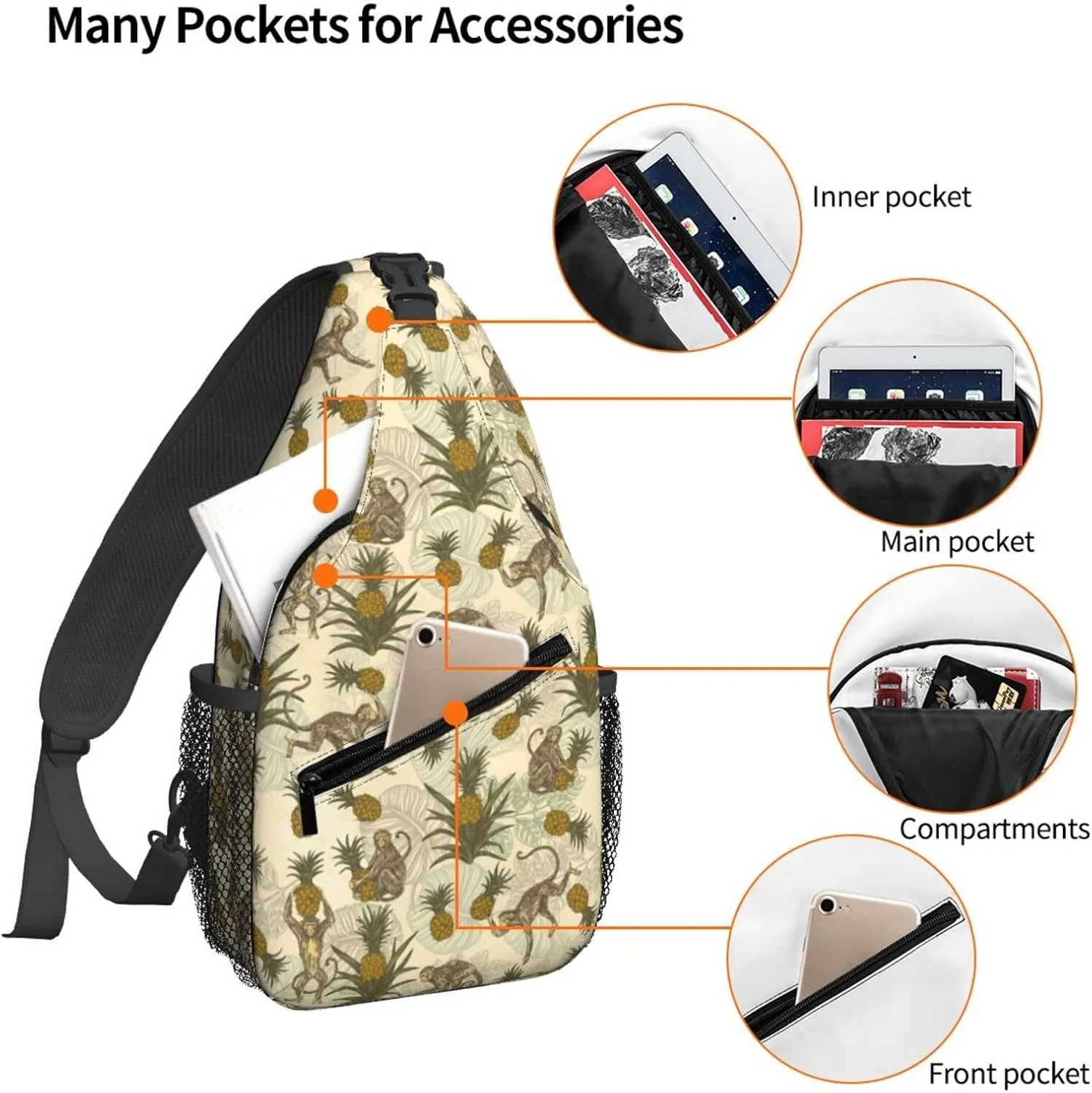 Women Vintage Monkeys Pineapples Crossbody Sling Backpack for Men Chest Bag Shoulder Bag Lightweight One Strap Backpack Travel Outdoor Daypack