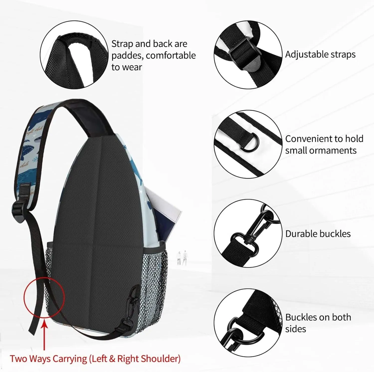 Women Whales Seaweeds Sea Animals Crossbody Sling Backpack for Men Chest Bag Shoulder Bag Lightweight One Strap Backpack Travel Outdoor Daypack