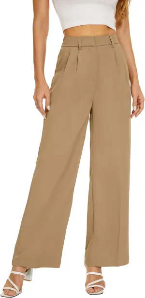 Women Wide Leg High Waist Wide Leg Pants Loose Fit Back Elastic Waist Pleated Front Trousers for Work Casual