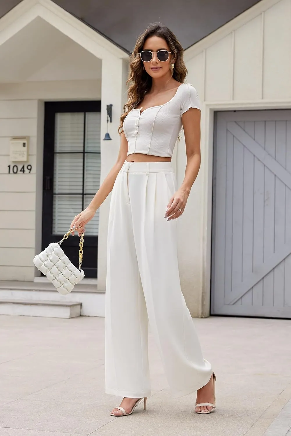 Women Wide Leg High Waist Wide Leg Pants Loose Fit Back Elastic Waist Pleated Front Trousers for Work Casual