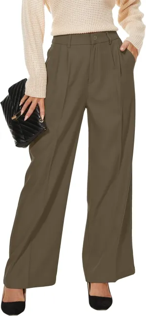 Women Wide Leg High Waist Wide Leg Pants Loose Fit Back Elastic Waist Pleated Front Trousers for Work Casual