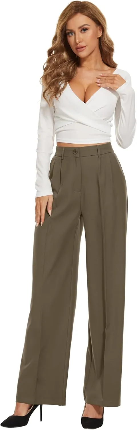 Women Wide Leg High Waist Wide Leg Pants Loose Fit Back Elastic Waist Pleated Front Trousers for Work Casual