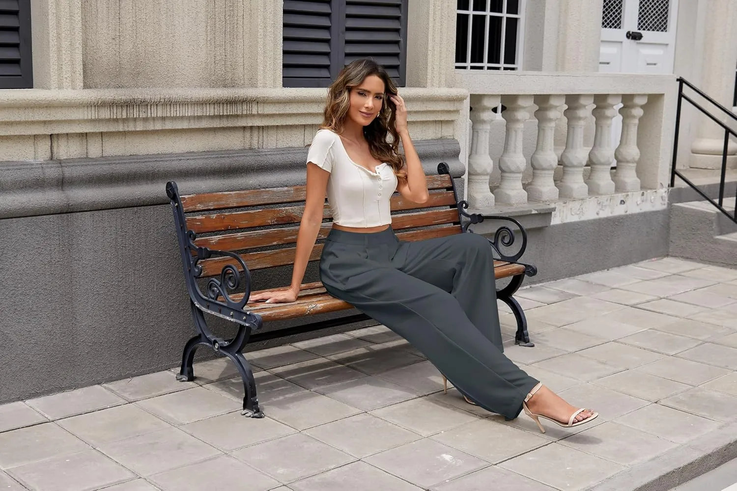 Women Wide Leg High Waist Wide Leg Pants Loose Fit Back Elastic Waist Pleated Front Trousers for Work Casual