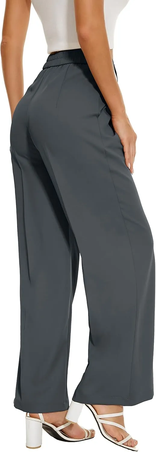 Women Wide Leg High Waist Wide Leg Pants Loose Fit Back Elastic Waist Pleated Front Trousers for Work Casual