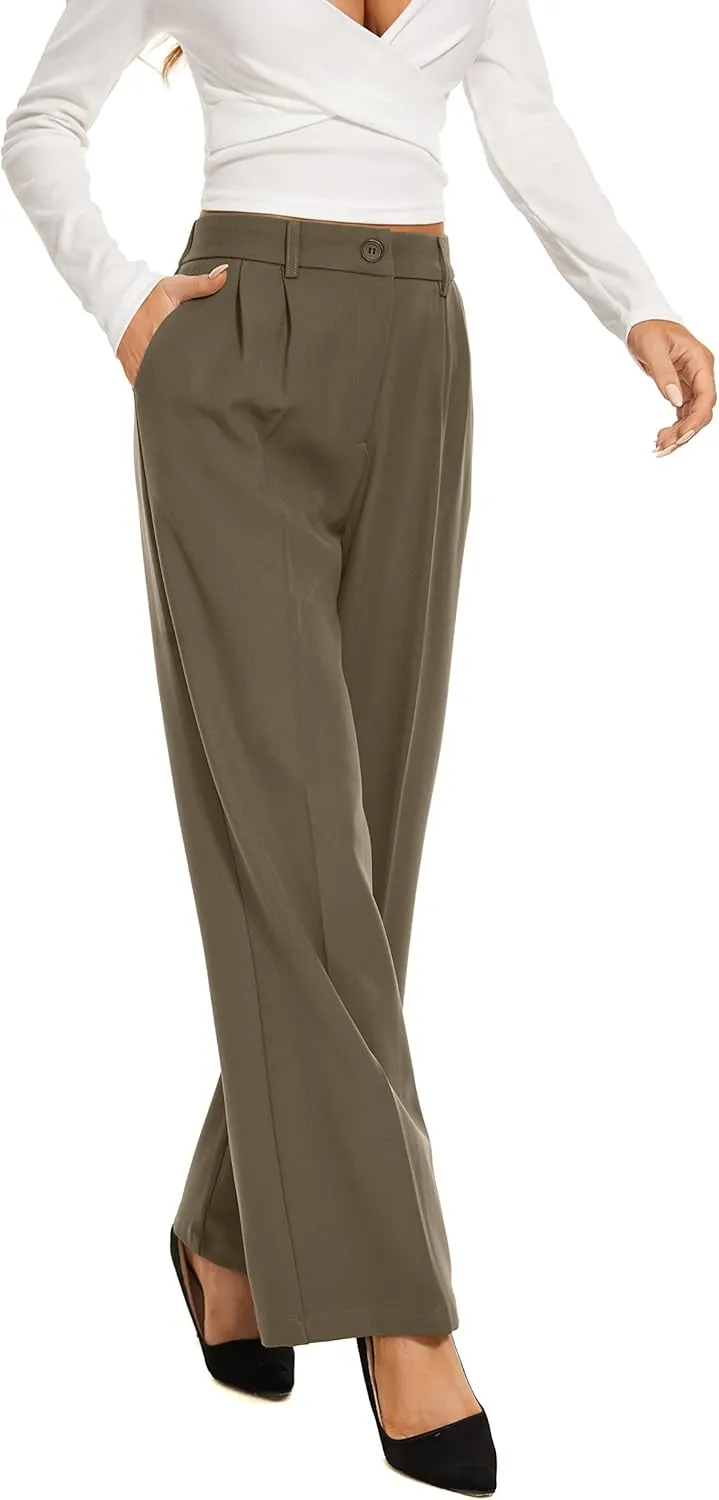 Women Wide Leg High Waist Wide Leg Pants Loose Fit Back Elastic Waist Pleated Front Trousers for Work Casual