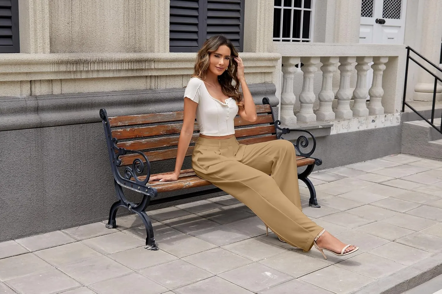 Women Wide Leg High Waist Wide Leg Pants Loose Fit Back Elastic Waist Pleated Front Trousers for Work Casual