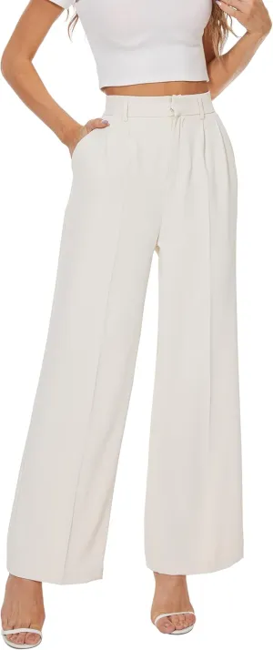 Women Wide Leg High Waist Wide Leg Pants Loose Fit Back Elastic Waist Pleated Front Trousers for Work Casual