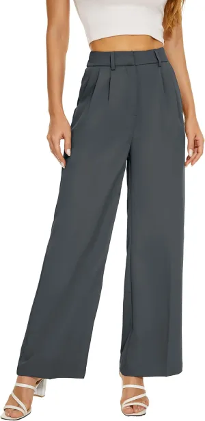Women Wide Leg High Waist Wide Leg Pants Loose Fit Back Elastic Waist Pleated Front Trousers for Work Casual