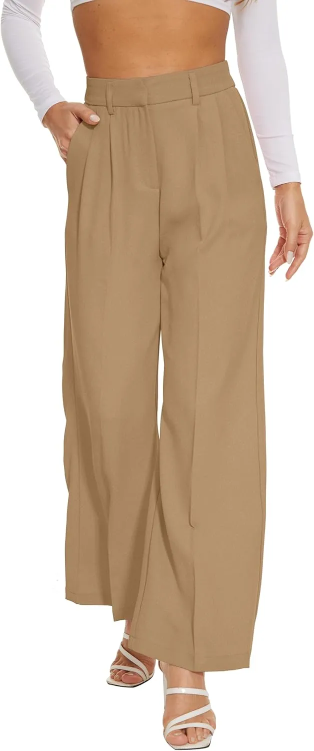 Women Wide Leg High Waist Wide Leg Pants Loose Fit Back Elastic Waist Pleated Front Trousers for Work Casual