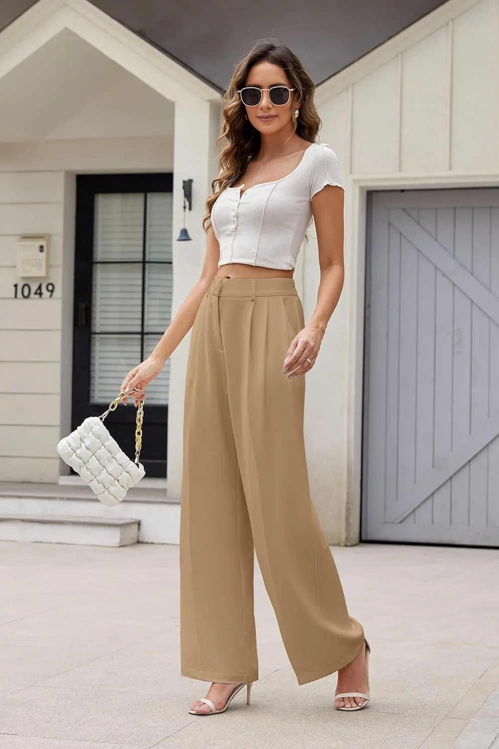 Women Wide Leg High Waist Wide Leg Pants Loose Fit Back Elastic Waist Pleated Front Trousers for Work Casual