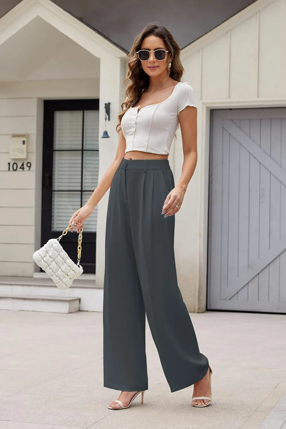 Women Wide Leg High Waist Wide Leg Pants Loose Fit Back Elastic Waist Pleated Front Trousers for Work Casual