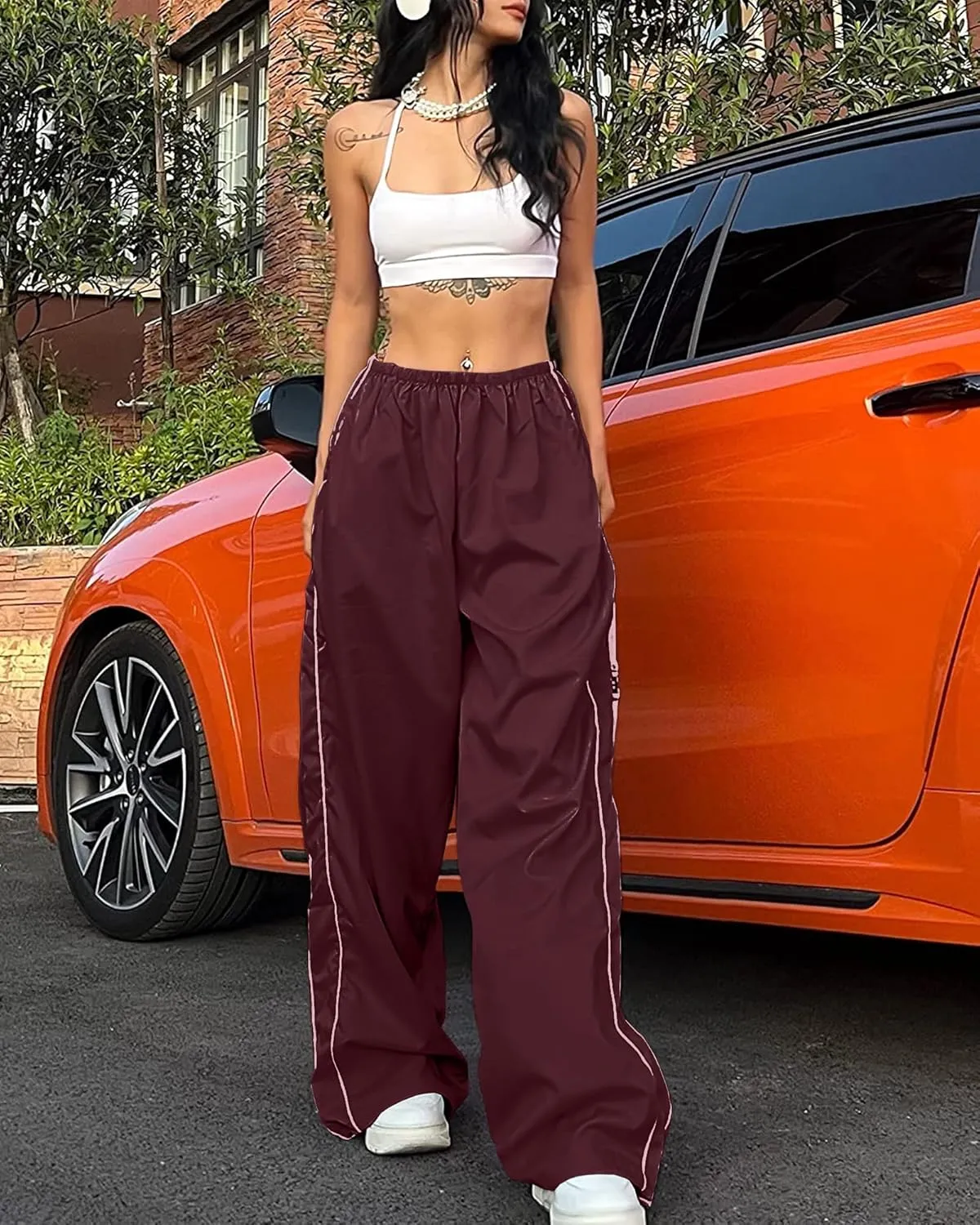 Women Y2K Baggy Track Pants Elastic Waist Wide Leg Parachute Jogger Sweatpants