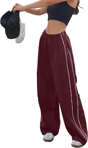 Women Y2K Baggy Track Pants Elastic Waist Wide Leg Parachute Jogger Sweatpants