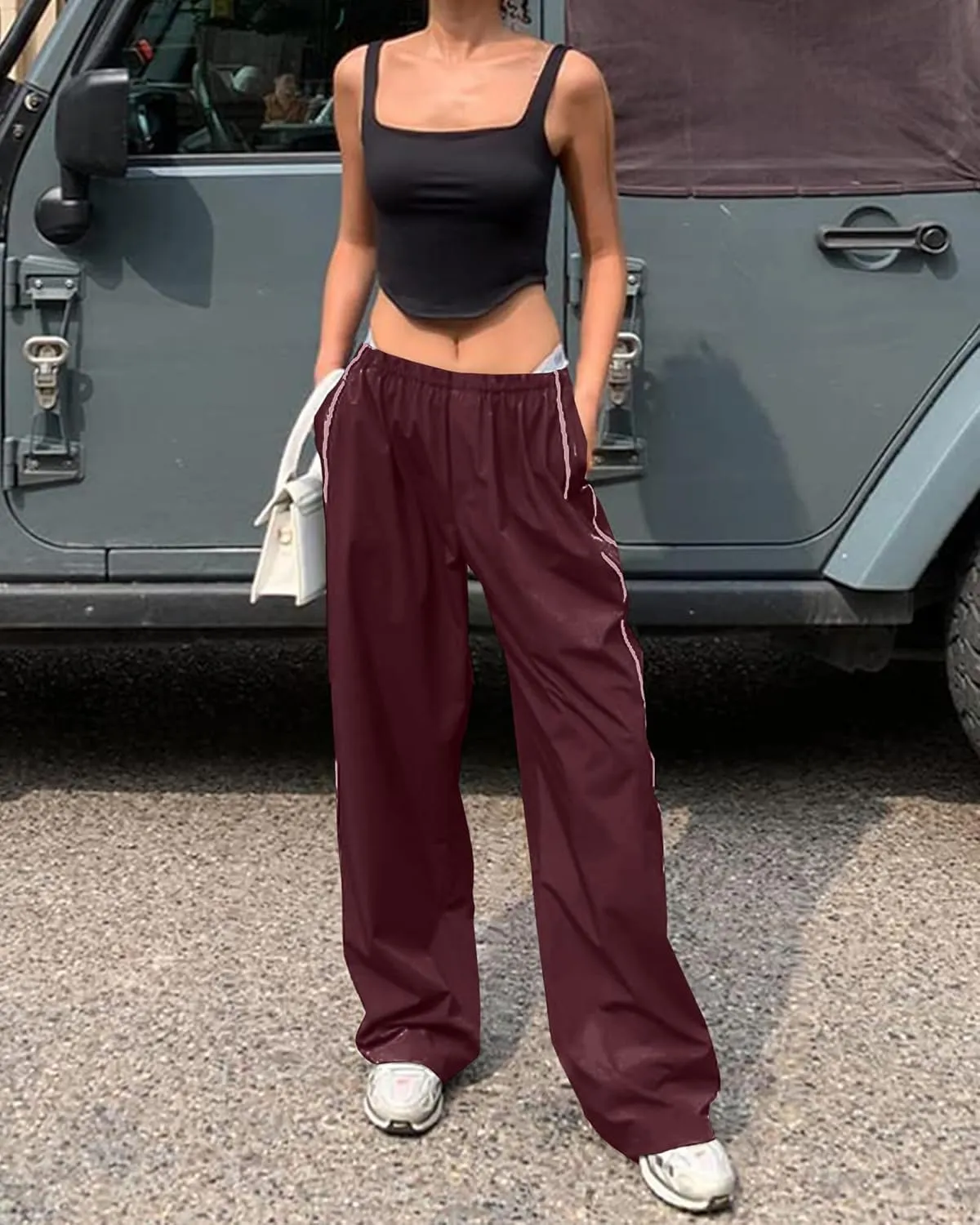 Women Y2K Baggy Track Pants Elastic Waist Wide Leg Parachute Jogger Sweatpants
