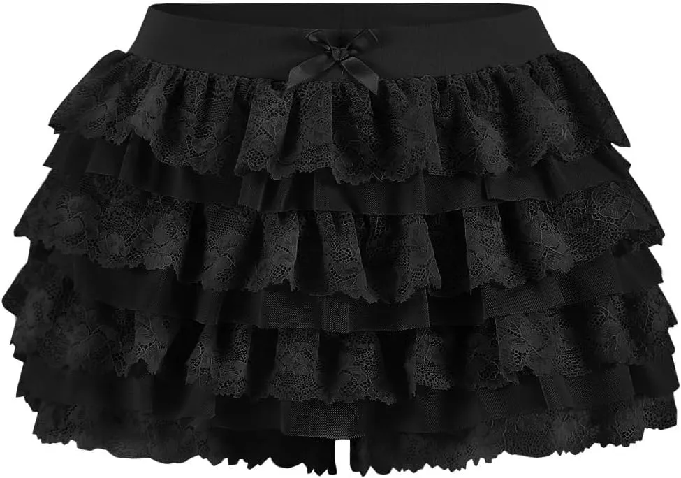 Women Y2K Lace Multi-Layered Bloomers, Lolita Ruffle Shorts, Sexy Short Pumpkin Pants, Elastic Waist Sweet Pettipants