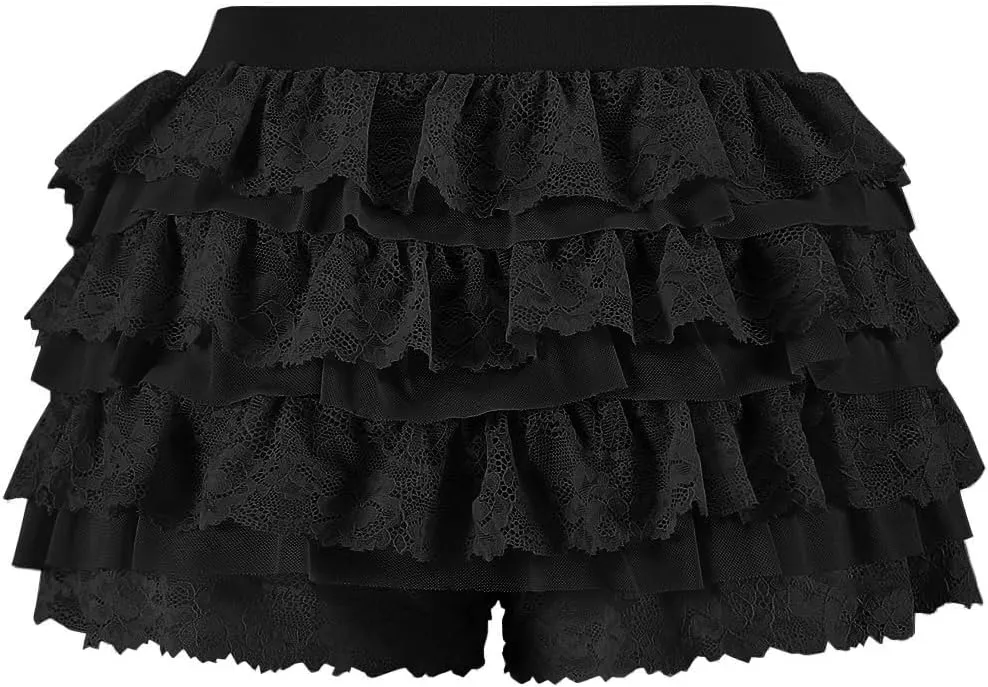 Women Y2K Lace Multi-Layered Bloomers, Lolita Ruffle Shorts, Sexy Short Pumpkin Pants, Elastic Waist Sweet Pettipants