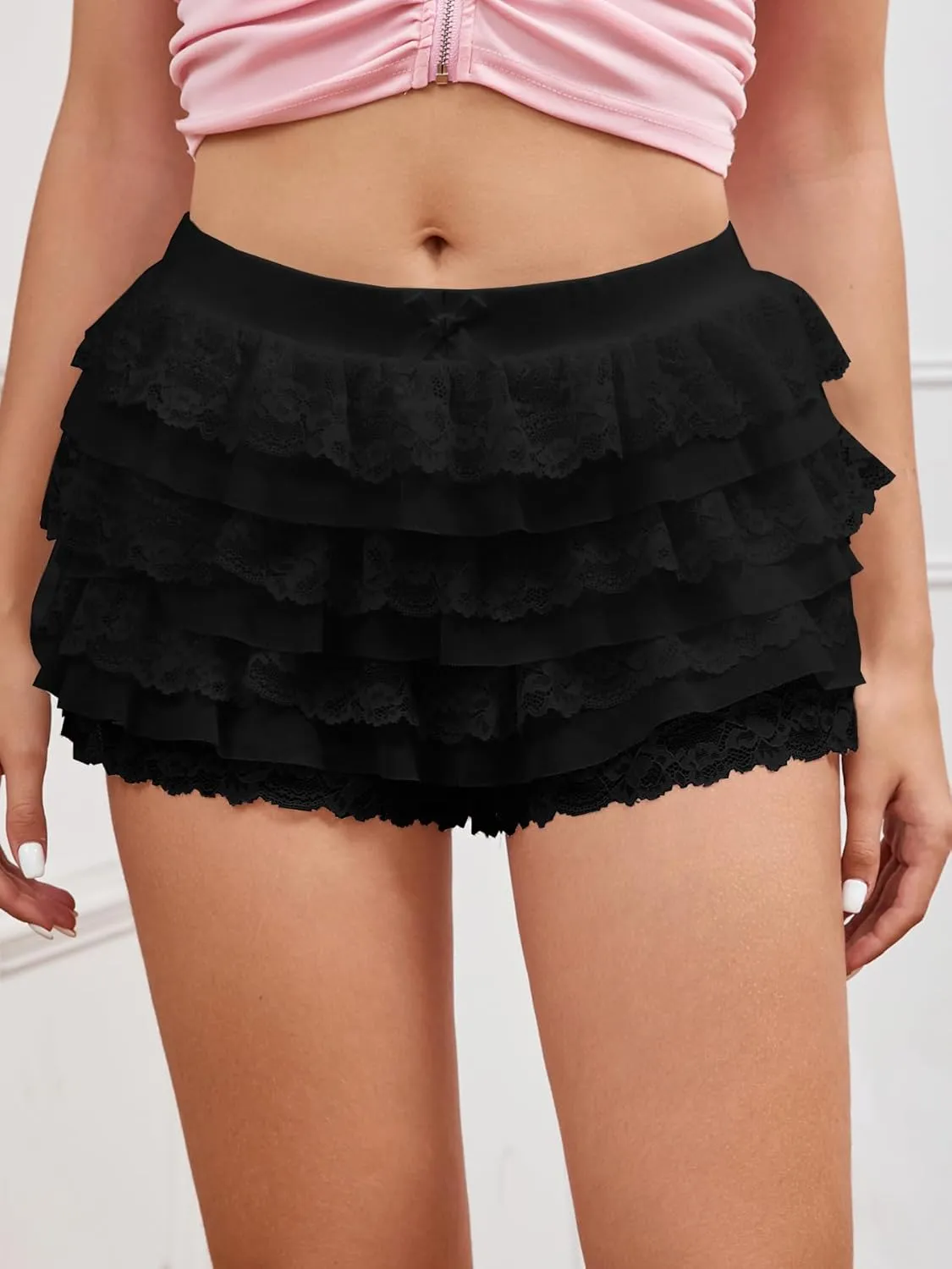 Women Y2K Lace Multi-Layered Bloomers, Lolita Ruffle Shorts, Sexy Short Pumpkin Pants, Elastic Waist Sweet Pettipants