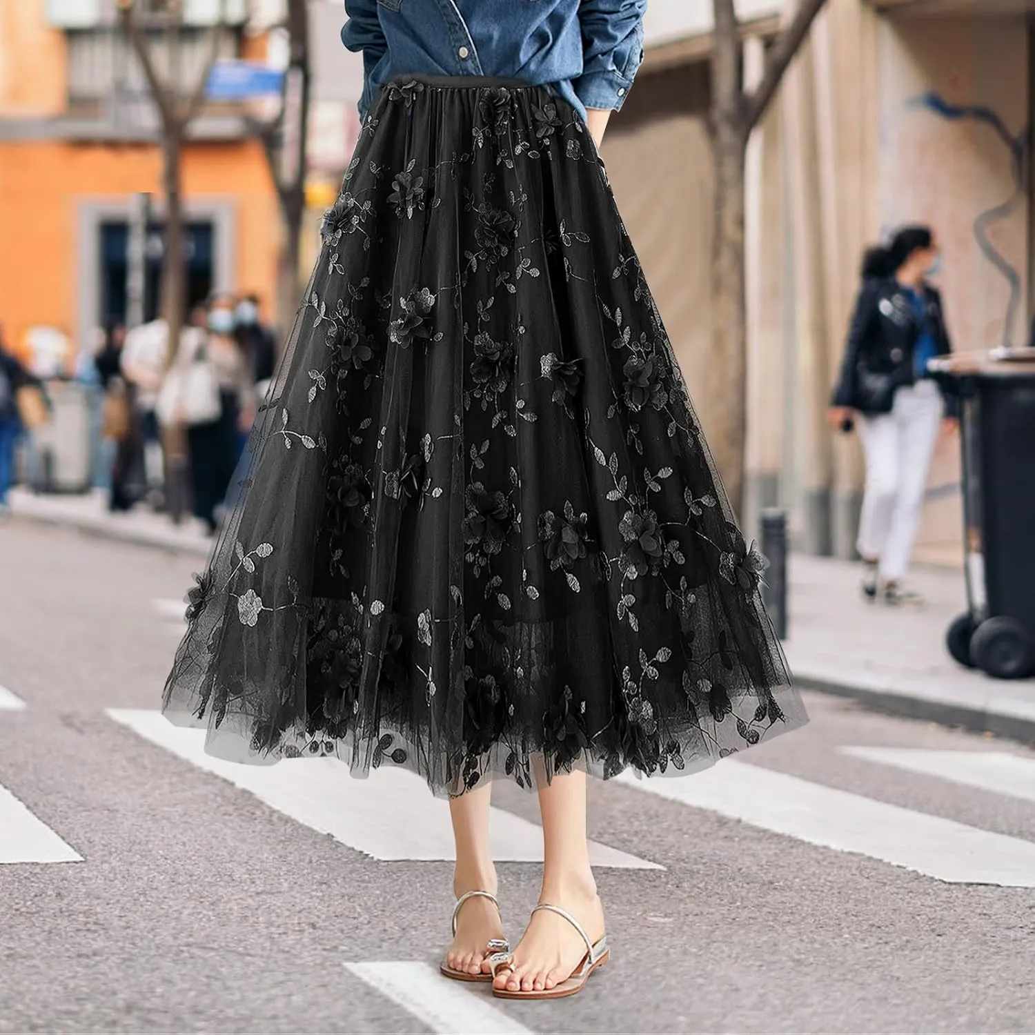 Women's A Line Tulle Midi Skirt Tutu Tiered Petticoat Skirts Tea-Length Elastic Waist Tutu Skirts