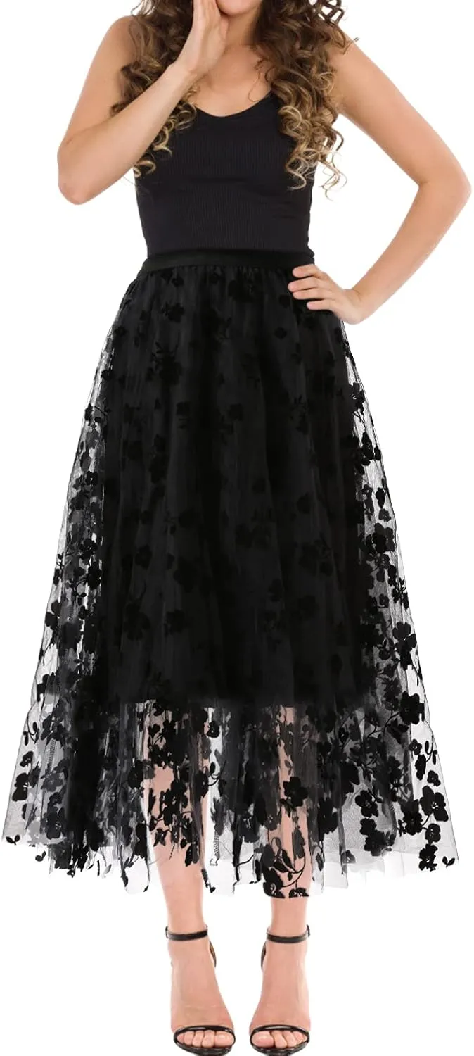 Women's A Line Tulle Midi Skirt Tutu Tiered Petticoat Skirts Tea-Length Elastic Waist Tutu Skirts