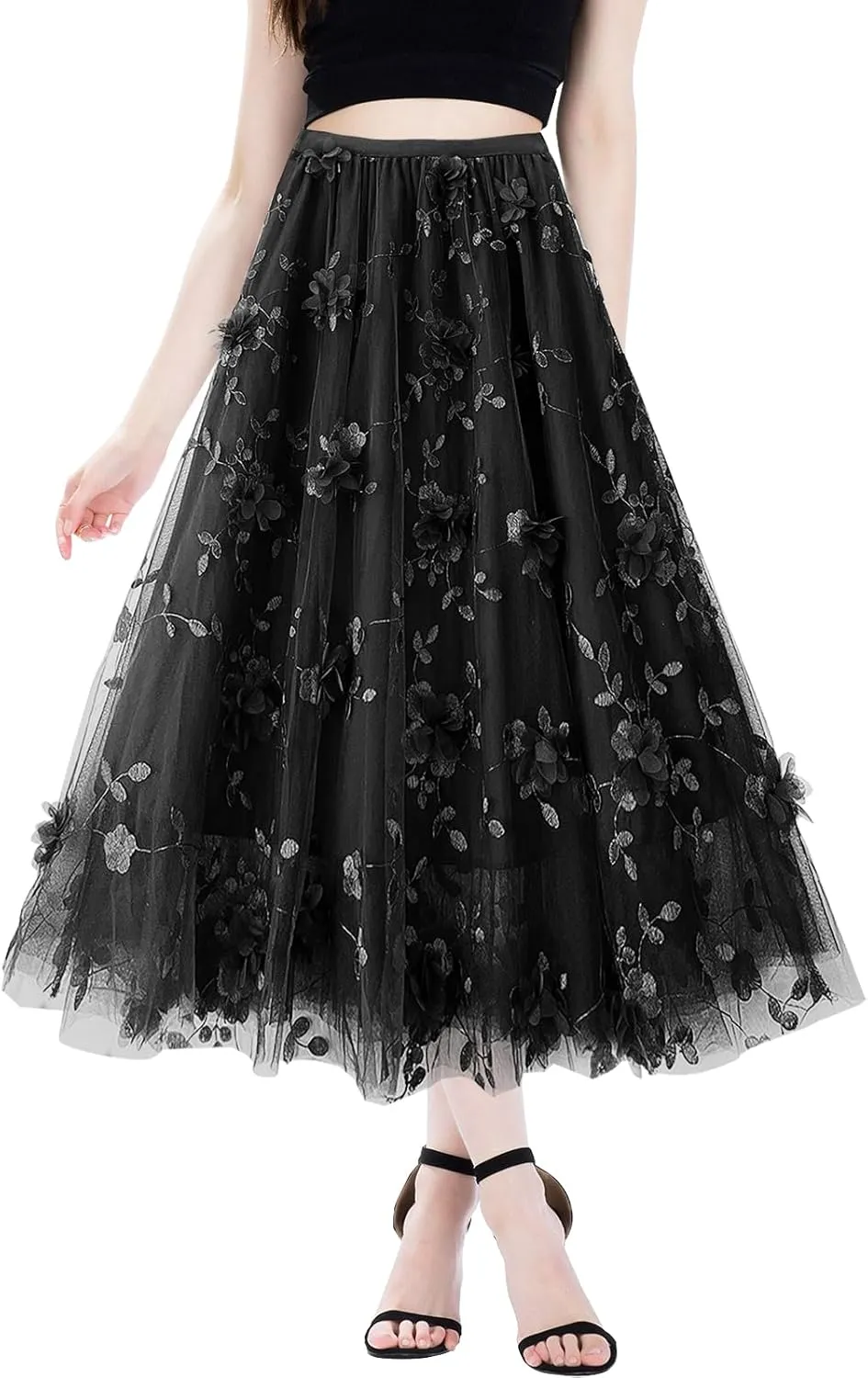 Women's A Line Tulle Midi Skirt Tutu Tiered Petticoat Skirts Tea-Length Elastic Waist Tutu Skirts