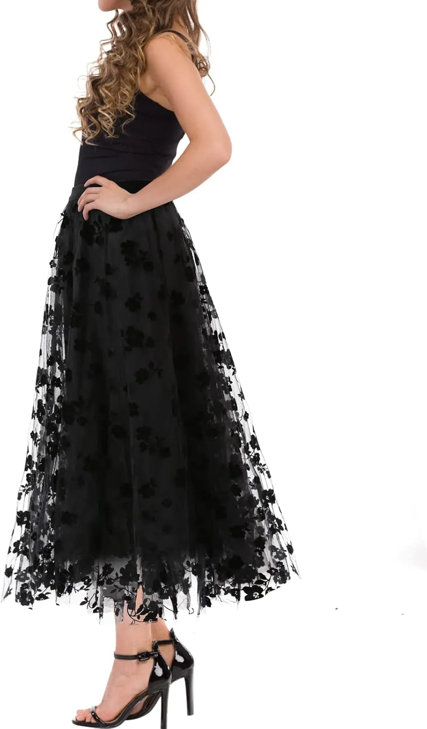 Women's A Line Tulle Midi Skirt Tutu Tiered Petticoat Skirts Tea-Length Elastic Waist Tutu Skirts