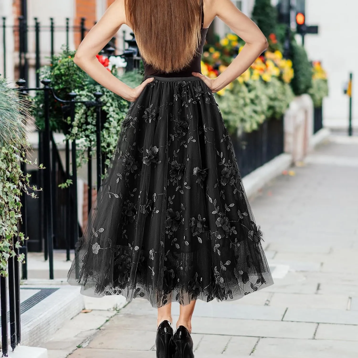 Women's A Line Tulle Midi Skirt Tutu Tiered Petticoat Skirts Tea-Length Elastic Waist Tutu Skirts