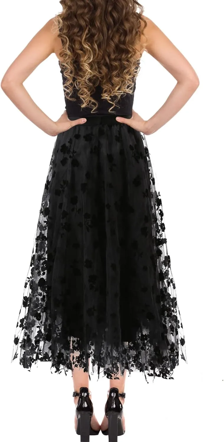 Women's A Line Tulle Midi Skirt Tutu Tiered Petticoat Skirts Tea-Length Elastic Waist Tutu Skirts
