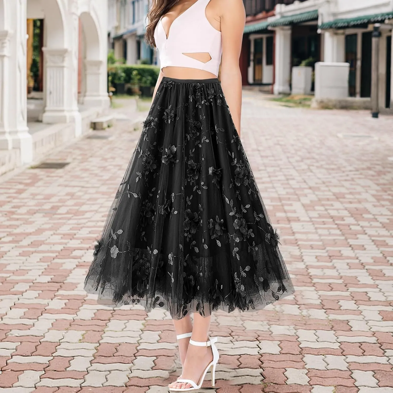Women's A Line Tulle Midi Skirt Tutu Tiered Petticoat Skirts Tea-Length Elastic Waist Tutu Skirts