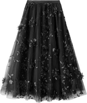Women's A Line Tulle Midi Skirt Tutu Tiered Petticoat Skirts Tea-Length Elastic Waist Tutu Skirts