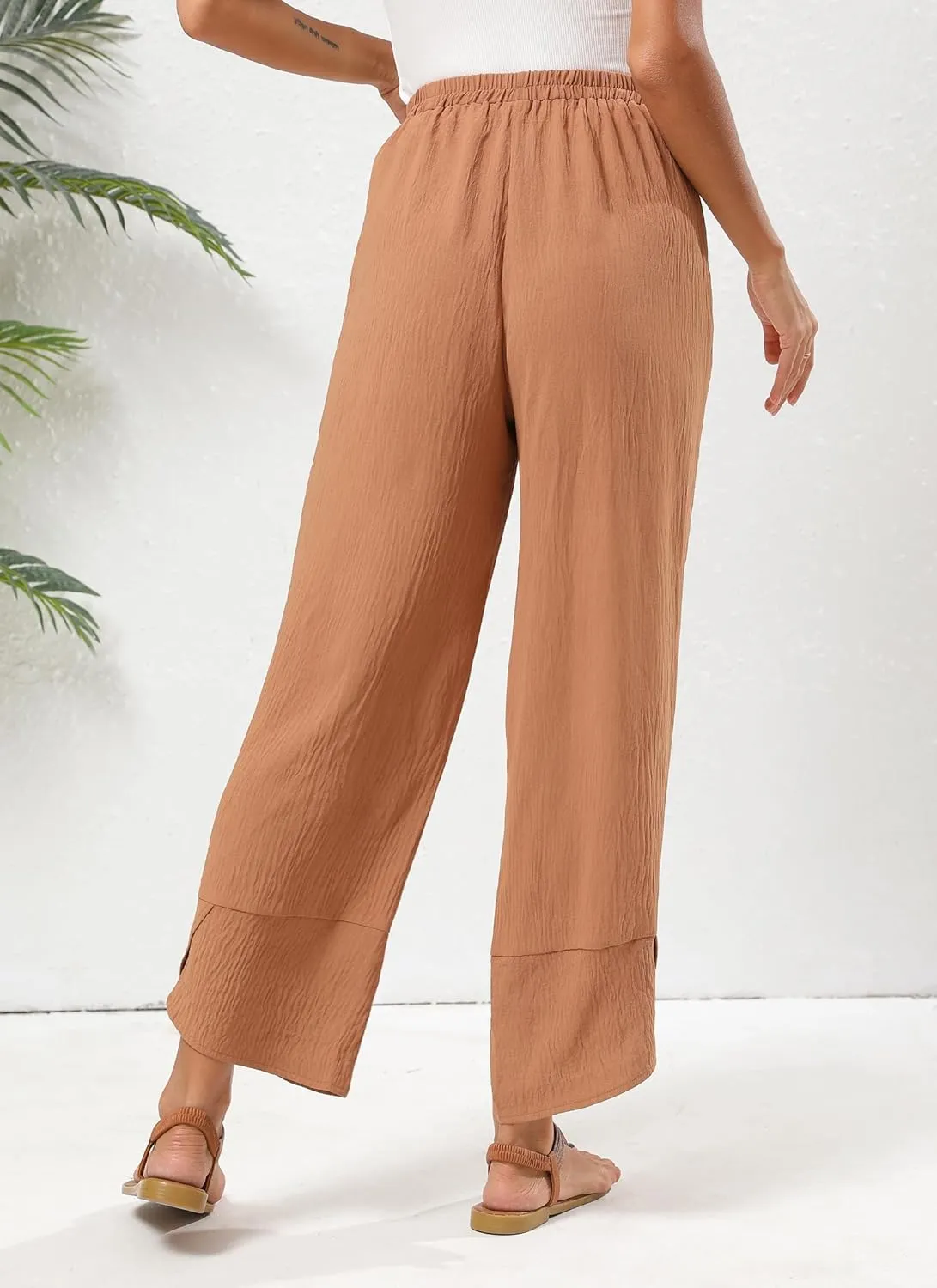 Women's Baggy Wide Leg Palazzo Pants Business Casual High Waisted Flowy Elastic Waist Sandy Shore Pants Pockets