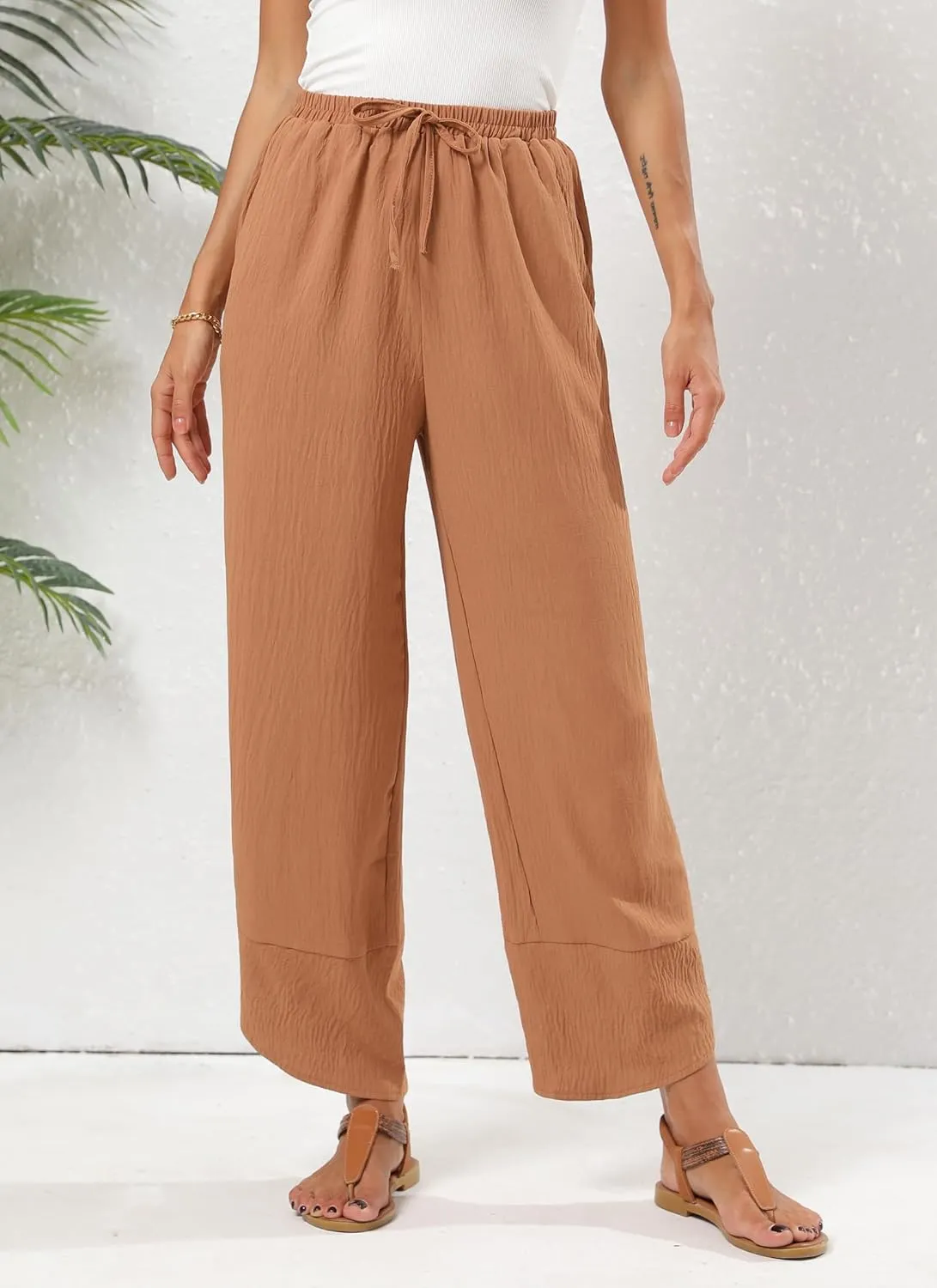 Women's Baggy Wide Leg Palazzo Pants Business Casual High Waisted Flowy Elastic Waist Sandy Shore Pants Pockets
