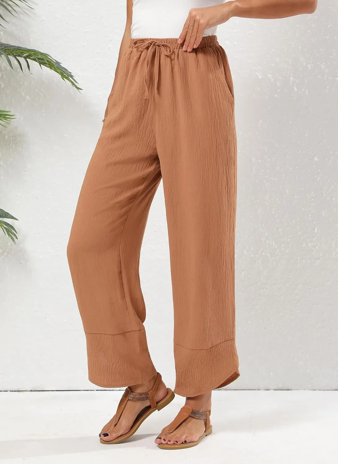 Women's Baggy Wide Leg Palazzo Pants Business Casual High Waisted Flowy Elastic Waist Sandy Shore Pants Pockets