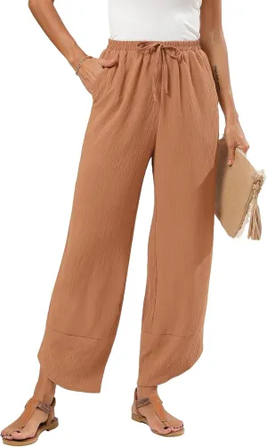 Women's Baggy Wide Leg Palazzo Pants Business Casual High Waisted Flowy Elastic Waist Sandy Shore Pants Pockets