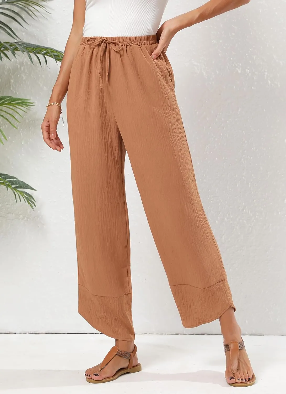 Women's Baggy Wide Leg Palazzo Pants Business Casual High Waisted Flowy Elastic Waist Sandy Shore Pants Pockets